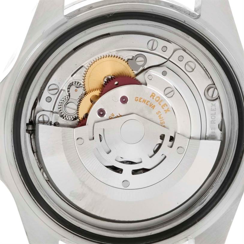 This image shows the open case back view of the Rolex Explorer 16570 Men
s Stainless Steel White Dial 16570 Men
s Stainless Steel White Dial, highlighting its inner mechanical movement.