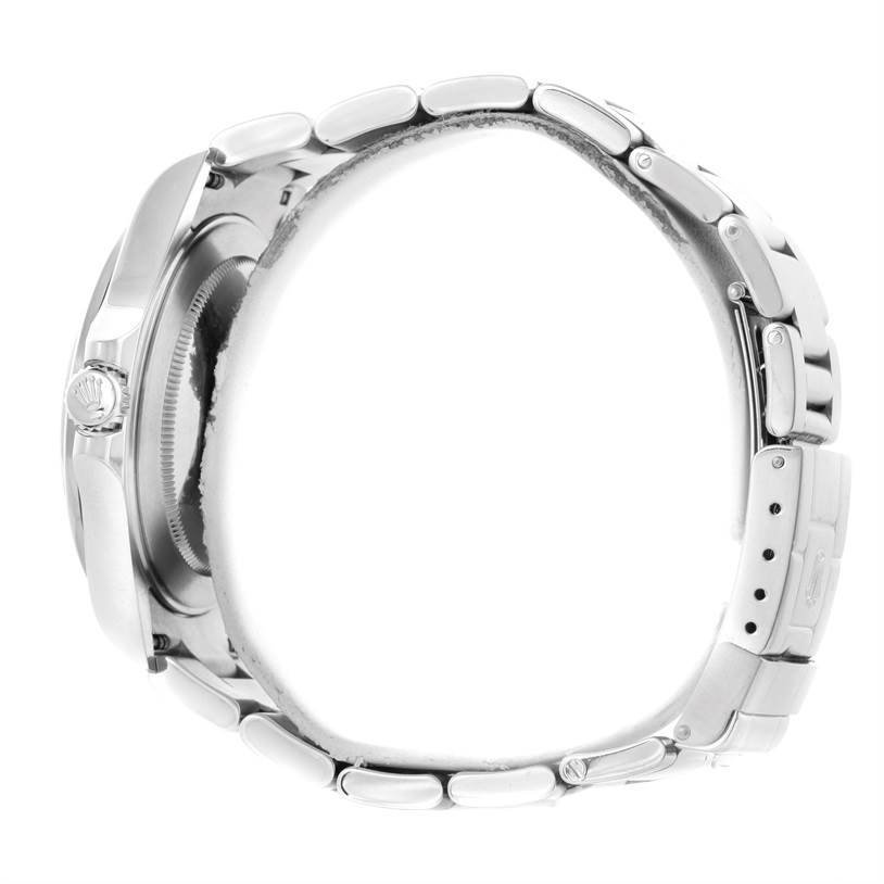 The image shows the side profile of the Rolex Explorer 16570 Men
s Stainless Steel White Dial 16570 Men
s Stainless Steel White Dial watch, highlighting the bezel, crown, and bracelet.