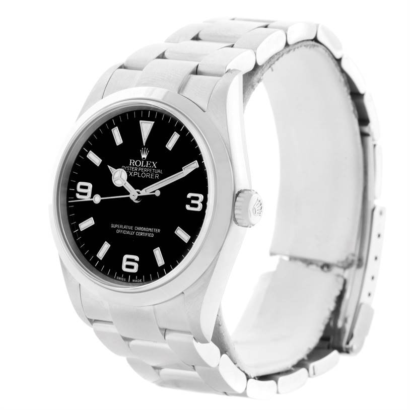 The image shows a front angle of a Rolex Explorer 114270 Men's Stainless Steel Black Dial 114270 Men's Stainless Steel Black Dial watch, highlighting its black dial, hands, markers, case, and stainless steel bracelet.