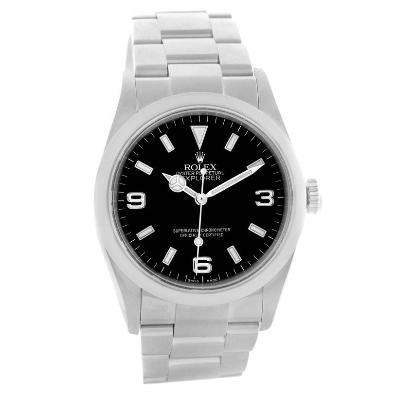 The Rolex Explorer 114270 Men's Stainless Steel Black Dial 114270 Men's Stainless Steel Black Dial watch is shown in a straight-on angle, displaying its black dial, hour markers, and metallic bracelet.