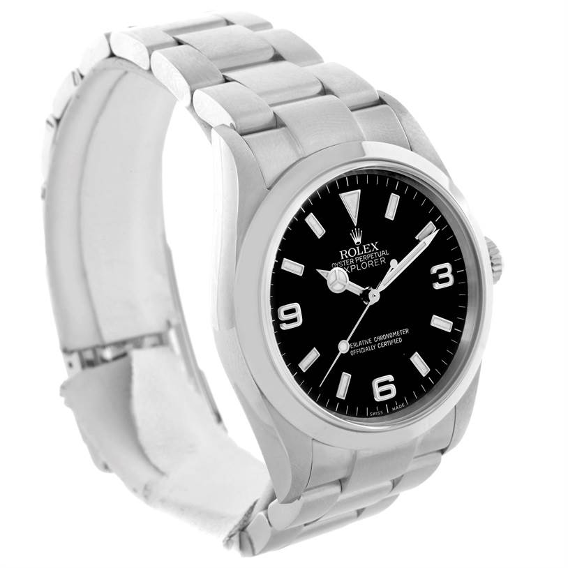 The image shows a Rolex Explorer 114270 Men's Stainless Steel Black Dial 114270 Men's Stainless Steel Black Dial watch at an angle highlighting its bracelet, dial, and case.