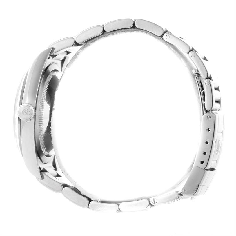 The image shows the Rolex Explorer 114270 Men's Stainless Steel Black Dial 114270 Men's Stainless Steel Black Dial watch from a side angle, highlighting the watch crown, case, and bracelet.