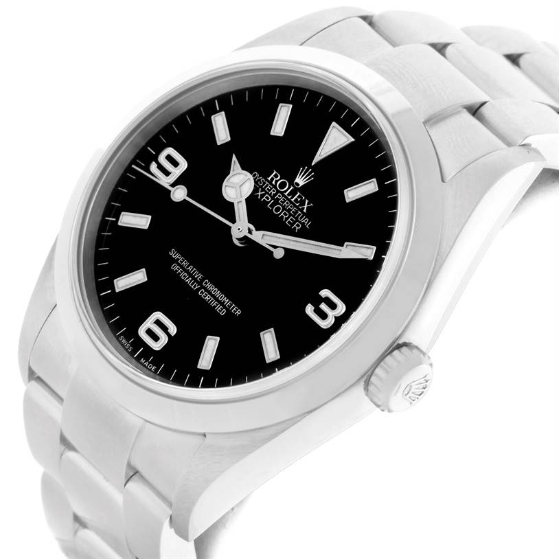 The Rolex Explorer 114270 Men's Stainless Steel Black Dial 114270 Men's Stainless Steel Black Dial watch is shown from a front angle, highlighting its dial, crown, and bracelet.