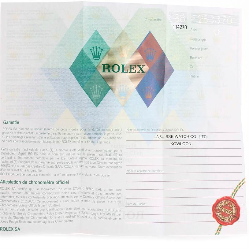 The image shows a warranty card for the Rolex Explorer 114270 Men's Stainless Steel Black Dial 114270 Men's Stainless Steel Black Dial model, including details on authorization and certification.