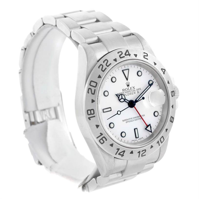 The Rolex Explorer 16570 Men's Stainless Steel White Dial 16570 Men's Stainless Steel White Dial watch is shown at an angled front view, highlighting the dial, bezel, and bracelet.