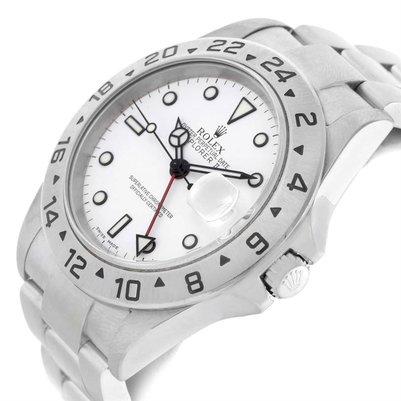 This image shows a Rolex Explorer 16570 Men's Stainless Steel White Dial 16570 Men's Stainless Steel White Dial watch at a slight angle, displaying the face, bezel, crown, and part of the bracelet.