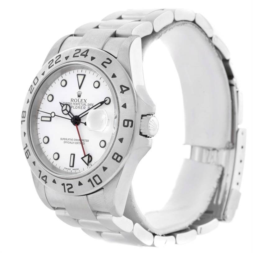 This image shows a side angle of the Rolex Explorer 16570 Men's Stainless Steel White Dial 16570 Men's Stainless Steel White Dial watch, highlighting its face, bezel, crown, and bracelet.