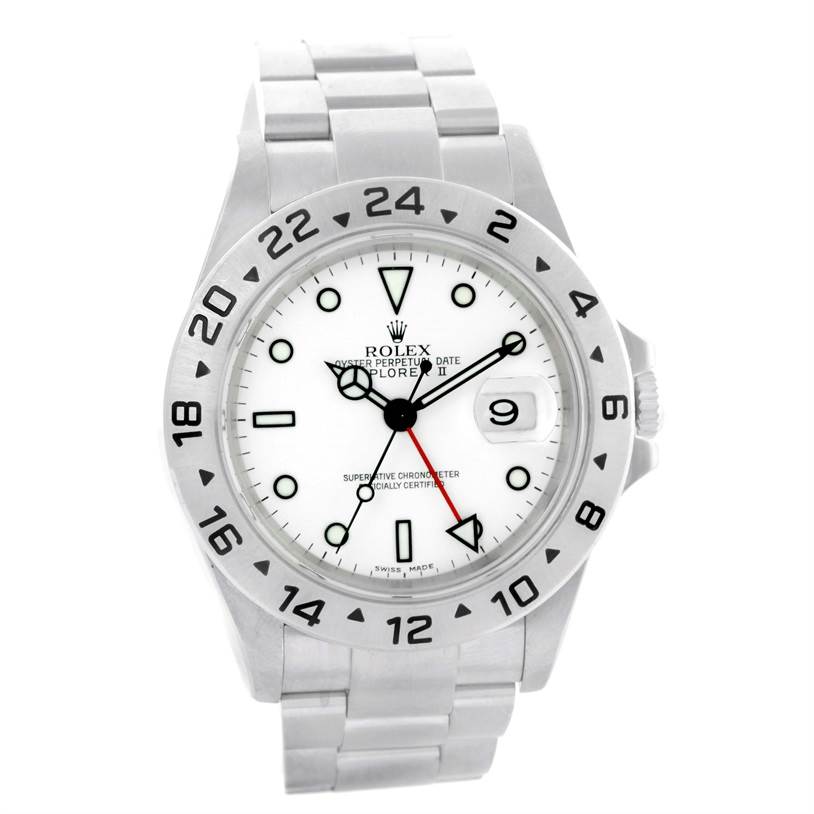The Rolex Explorer 16570 Men's Stainless Steel White Dial 16570 Men's Stainless Steel White Dial model is shown from the front, displaying the watch face, bezel, bracelet, and crown.