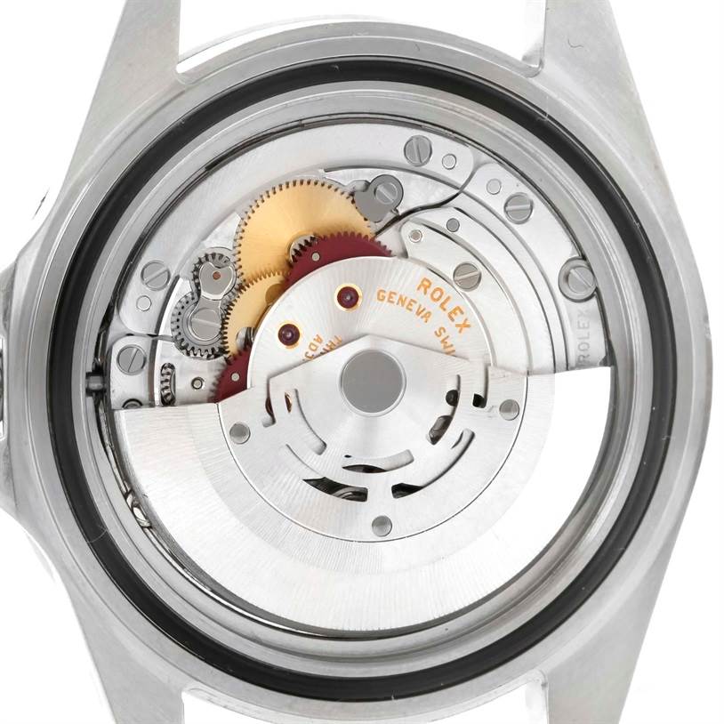 The image shows the internal mechanism of a Rolex Explorer 16570 Men's Stainless Steel White Dial 16570 Men's Stainless Steel White Dial watch from a back-view angle.