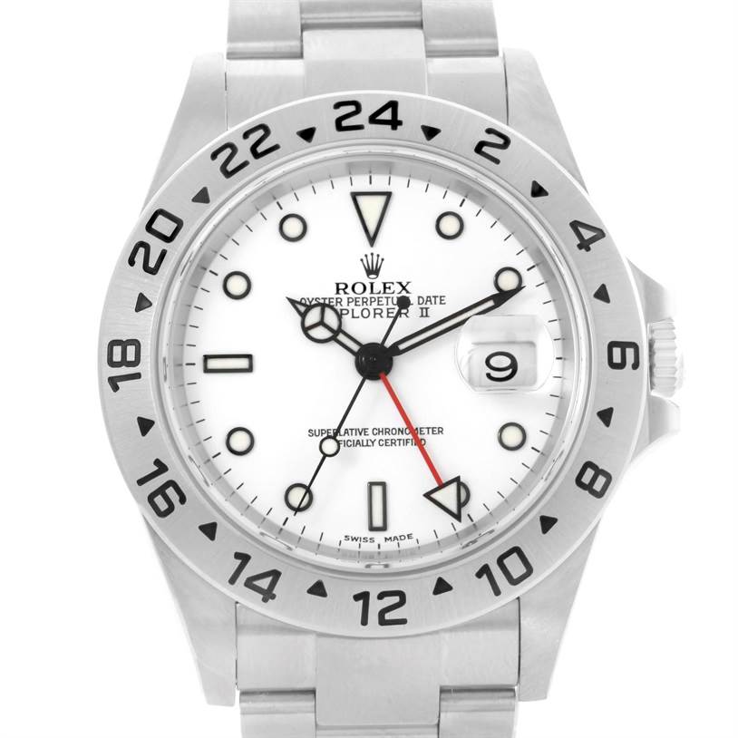 The Rolex Explorer 16570 Men's Stainless Steel White Dial 16570 Men's Stainless Steel White Dial model watch is shown from a front angle, displaying the face, bezel, and part of the bracelet.