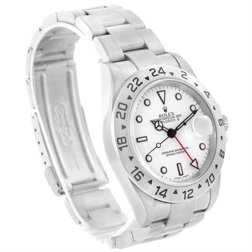 This image shows the Rolex Explorer 16570 Men's Stainless Steel White Dial 16570 Men's Stainless Steel White Dial watch from a side angle, displaying the bracelet, case, bezel, and dial.