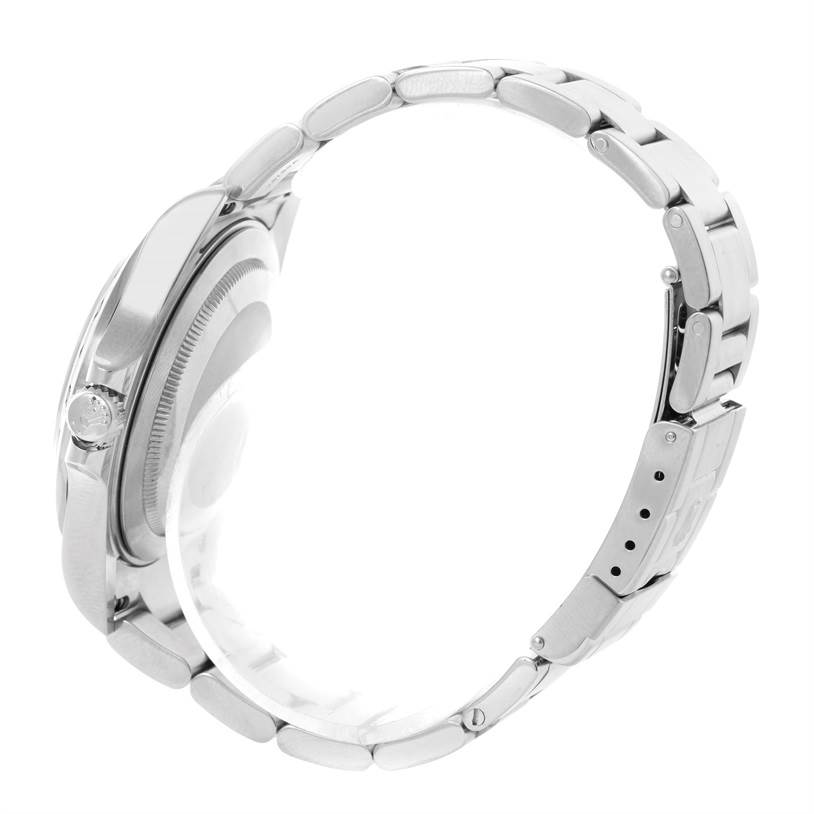 The image shows a side view of the Rolex Explorer 16570 Men's Stainless Steel White Dial 16570 Men's Stainless Steel White Dial model watch, focusing on the case, crown, and metal bracelet.