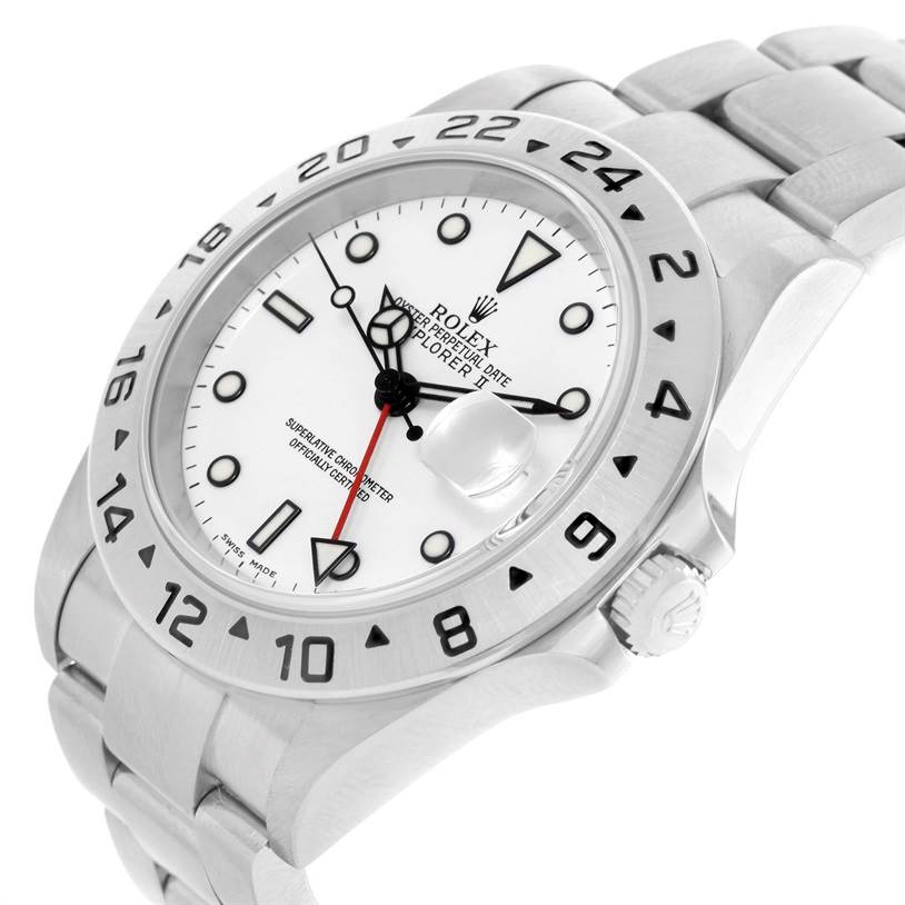 This image shows a side angle of a Rolex Explorer 16570 Men's Stainless Steel White Dial 16570 Men's Stainless Steel White Dial model, highlighting the dial, bezel, crown, and bracelet.