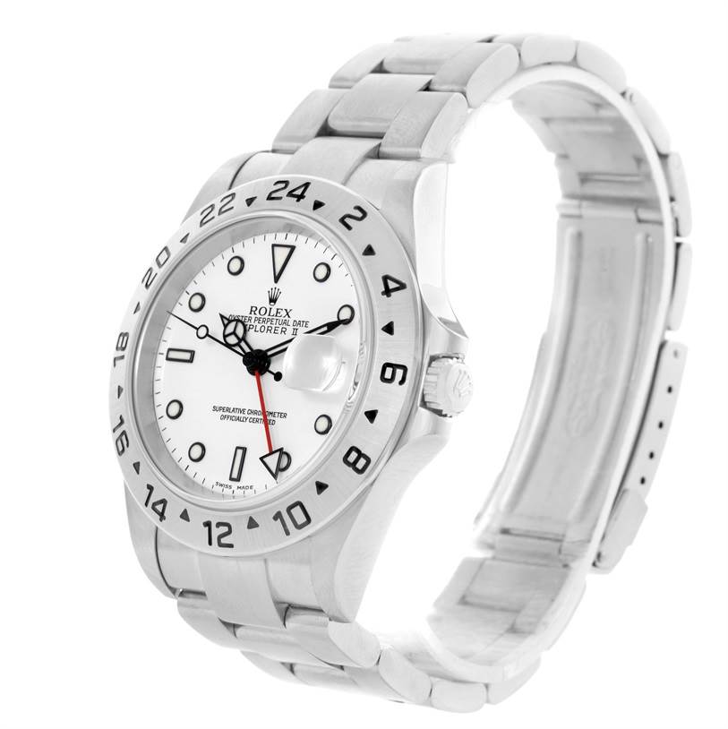 The image shows a Rolex Explorer 16570 Men's Stainless Steel White Dial 16570 Men's Stainless Steel White Dial watch at an angled view, highlighting the face, bezel, crown, and stainless steel bracelet.