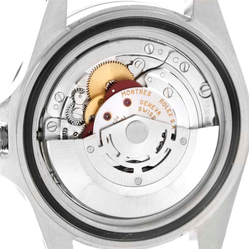 The image shows the back view of the Rolex Explorer 16570 Men's Stainless Steel White Dial 16570 Men's Stainless Steel White Dial watch, revealing its internal mechanical movement.