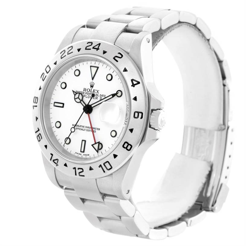 This Rolex Explorer 16570 Men's Stainless Steel White Dial 16570 Men's Stainless Steel White Dial watch is shown at a three-quarter angle, displaying the dial, bezel, and bracelet.