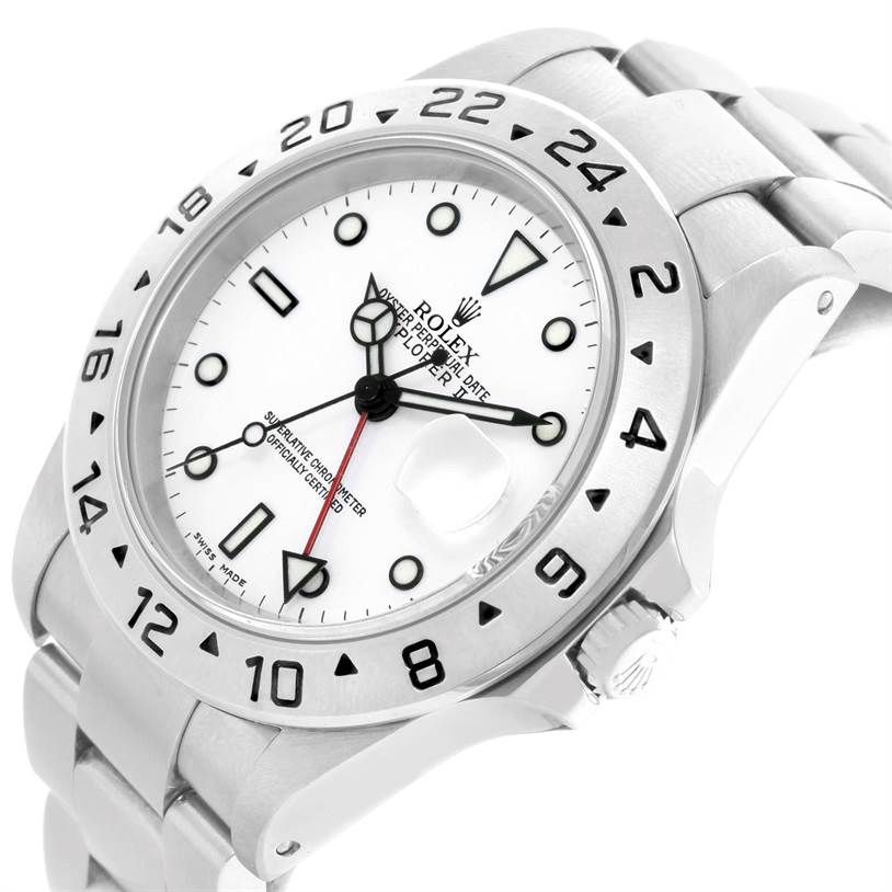 The Rolex Explorer 16570 Men's Stainless Steel White Dial 16570 Men's Stainless Steel White Dial watch is shown at a slight angle, highlighting the face, bezel, and part of the bracelet.