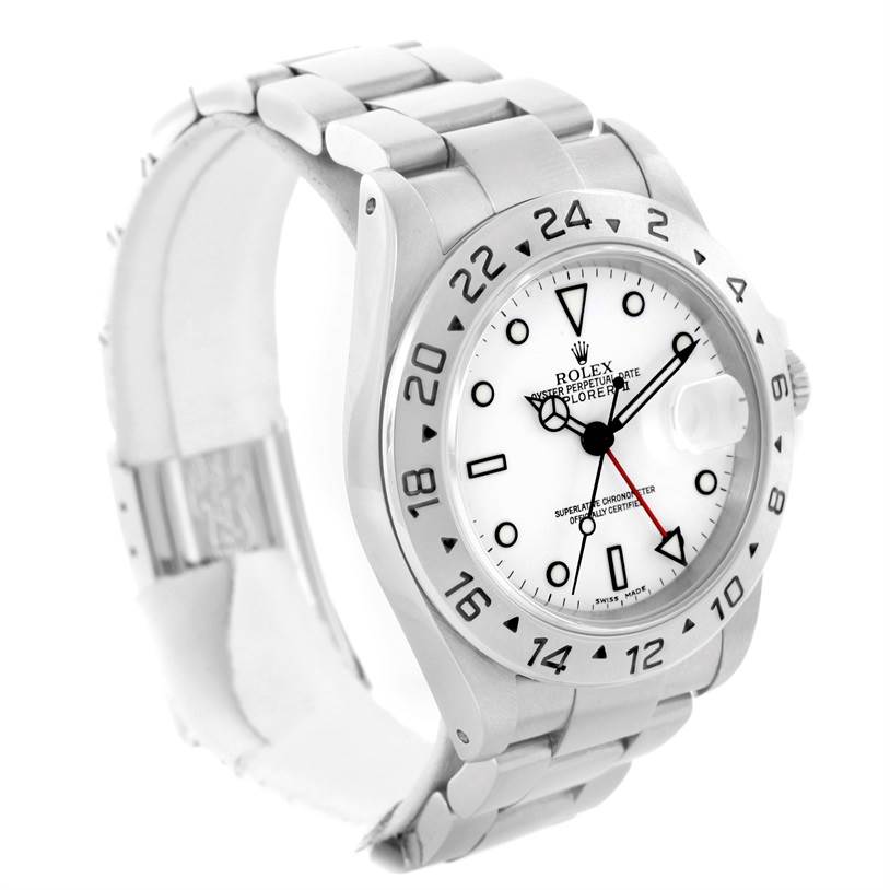 The image shows a Rolex Explorer 16570 Men's Stainless Steel White Dial 16570 Men's Stainless Steel White Dial watch, angled to clearly display its face, bezel, and metal bracelet.