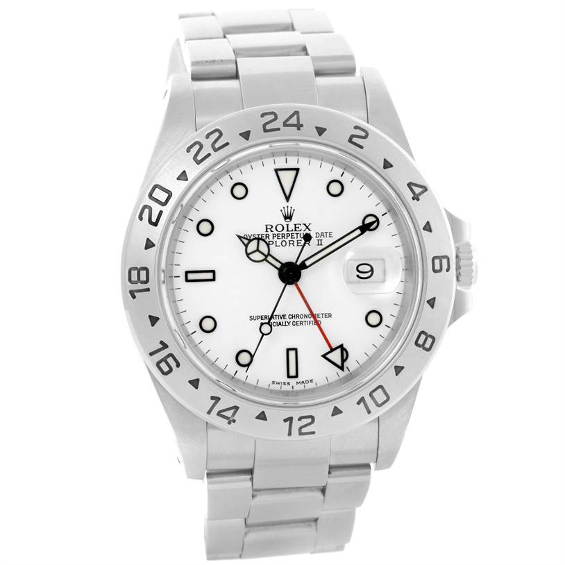 This image shows a front view of the Rolex Explorer 16570 Men's Stainless Steel White Dial 16570 Men's Stainless Steel White Dial watch, highlighting the face, bezel, and bracelet.