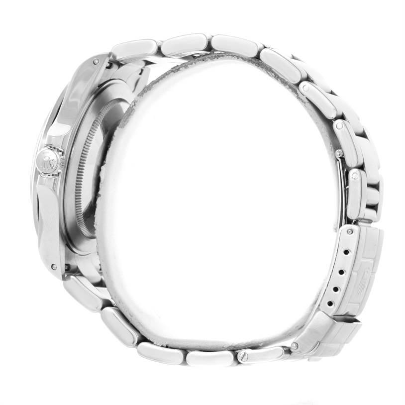 This image shows the side profile of a Rolex Explorer 16570 Men's Stainless Steel White Dial 16570 Men's Stainless Steel White Dial watch, highlighting the bracelet, clasp, crown, and case.