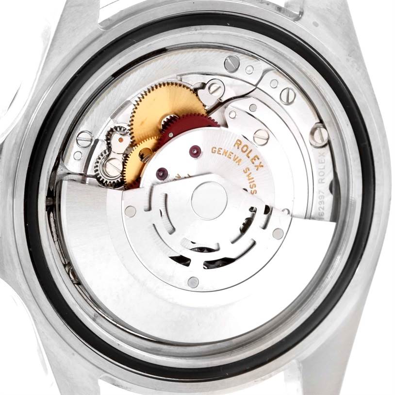 The image shows the intricate internal mechanisms of a Rolex Explorer 16570 Men's Stainless Steel White Dial 16570 Men's Stainless Steel White Dial watch, viewed from the back case.