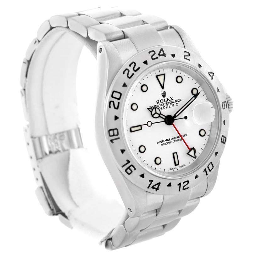 The Rolex Explorer 16570 Men's Stainless Steel White Dial 16570 Men's Stainless Steel White Dial watch is shown at a three-quarter angle, displaying the dial, bezel, and part of the bracelet.