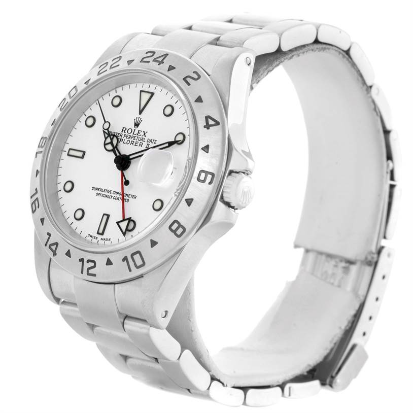 This image shows a Rolex Explorer 16570 Men's Stainless Steel White Dial 16570 Men's Stainless Steel White Dial watch at a slight left-side angle, highlighting the watch face, bezel, and bracelet.