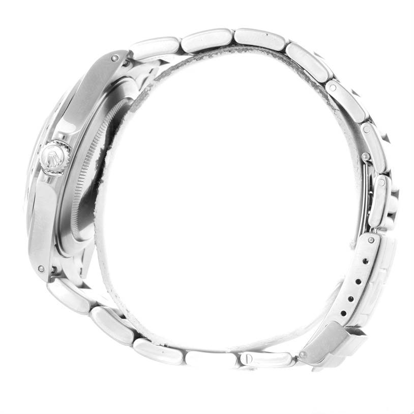 This image shows a Rolex Explorer 16570 Men's Stainless Steel White Dial 16570 Men's Stainless Steel White Dial watch from a side angle, highlighting its crown, case, and bracelet.