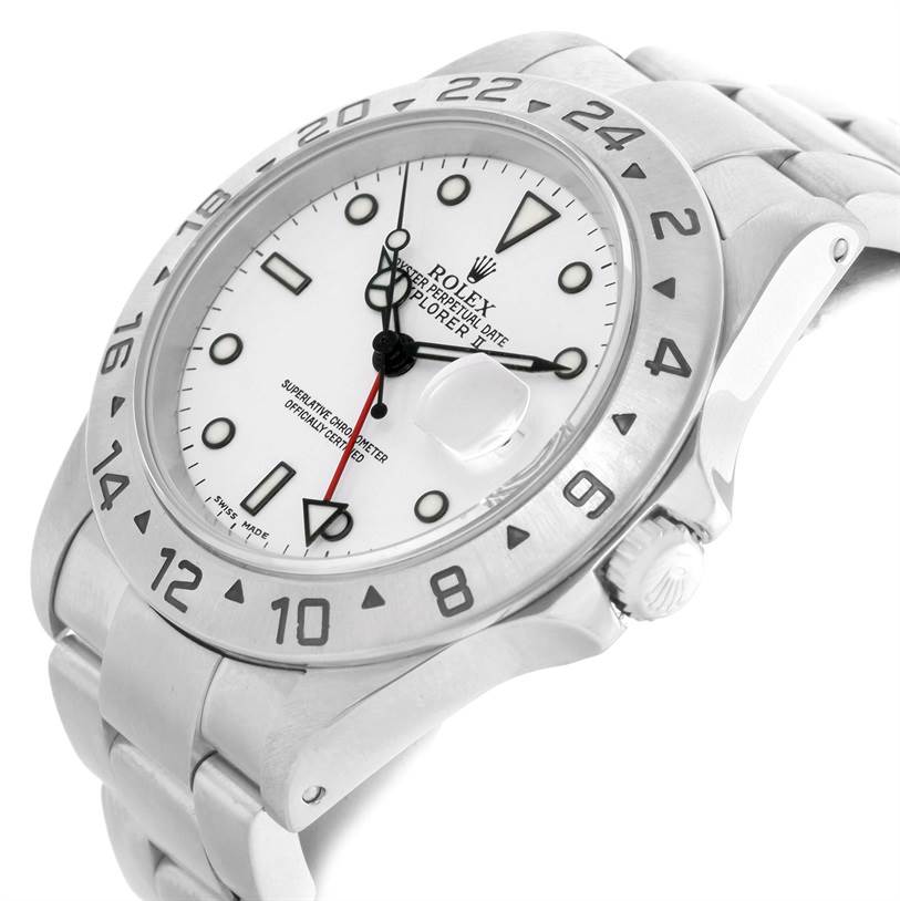 The image shows a Rolex Explorer 16570 Men's Stainless Steel White Dial 16570 Men's Stainless Steel White Dial watch from an angled perspective, highlighting the face, bezel, crown, and part of the bracelet.