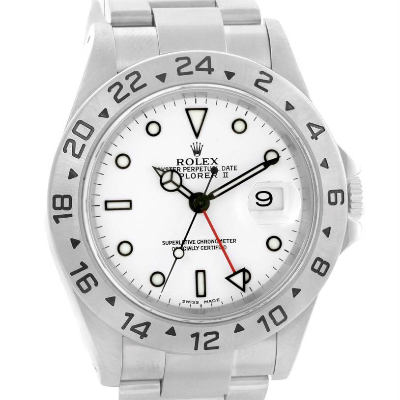 The image shows a front view of the Rolex Explorer 16570 Men's Stainless Steel White Dial 16570 Men's Stainless Steel White Dial model, displaying the dial, hands, bezel, date window, and part of the bracelet.