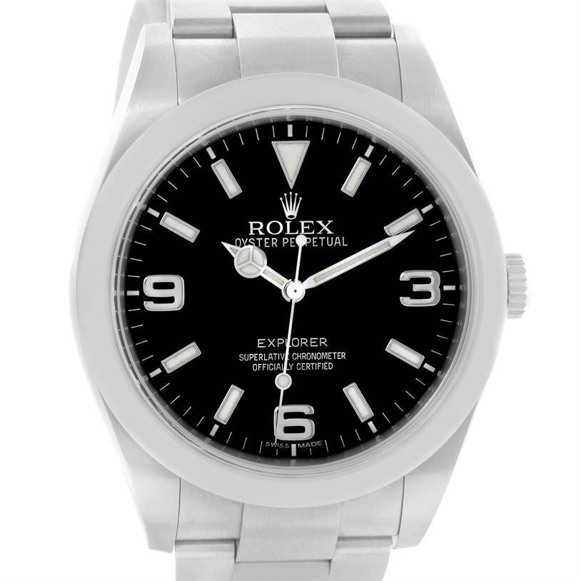 This image shows a frontal view of the Rolex Explorer 214270 Men's Stainless Steel Black Dial 214270 Men's Stainless Steel Black Dial watch, displaying its face, bezel, and part of the bracelet.