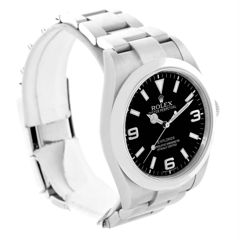 The angle shows a side view of the Rolex Explorer 214270 Men's Stainless Steel Black Dial 214270 Men's Stainless Steel Black Dial watch, highlighting the face, bezel, and metal bracelet.