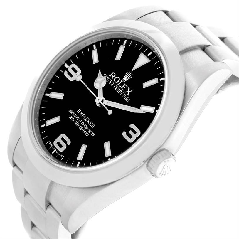 The image shows a side angle of the Rolex Explorer 214270 Men's Stainless Steel Black Dial 214270 Men's Stainless Steel Black Dial watch, highlighting its dial, crown, and bracelet.