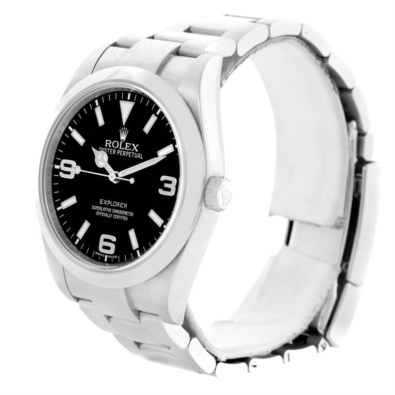 The image shows a side angle view of a Rolex Explorer 214270 Men's Stainless Steel Black Dial 214270 Men's Stainless Steel Black Dial watch, highlighting its face, bezel, and stainless steel bracelet.
