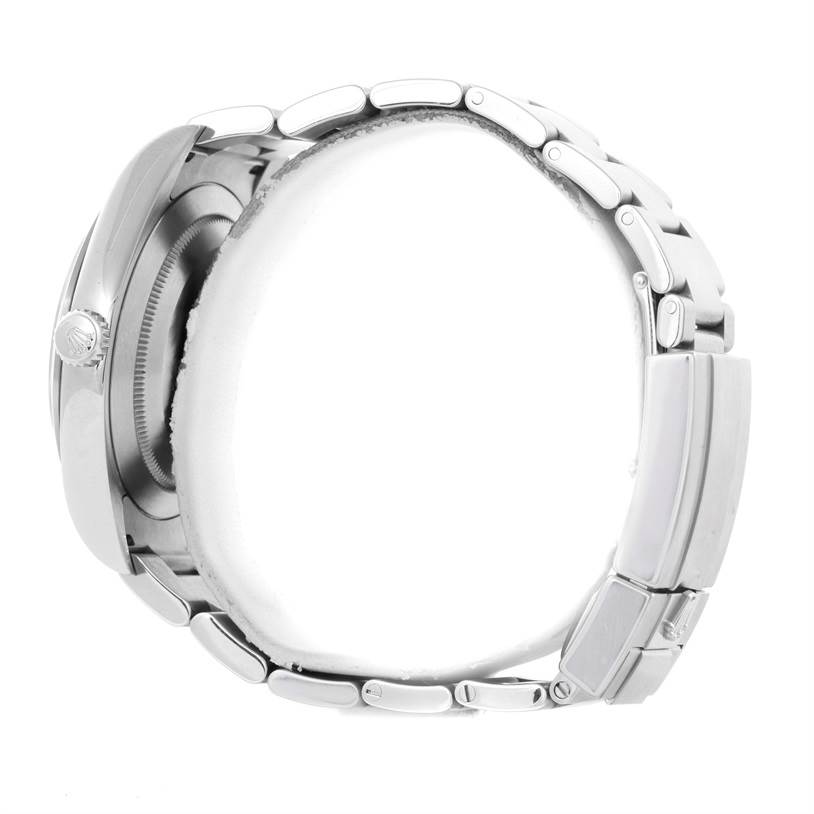 This image shows a side view of the Rolex Explorer 214270 Men's Stainless Steel Black Dial 214270 Men's Stainless Steel Black Dial, highlighting the crown, case, and metal bracelet.