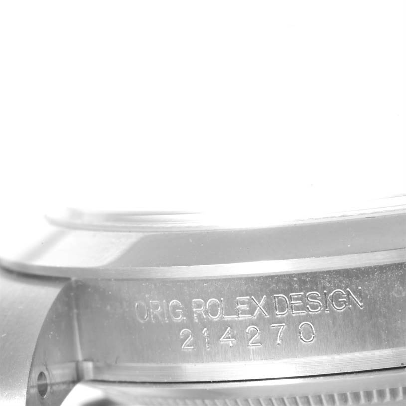 The image shows a close-up angle of the case side of the Rolex Explorer 214270 Men's Stainless Steel Black Dial 214270 Men's Stainless Steel Black Dial, highlighting the "ORIG ROLEX DESIGN 214270" engraving.