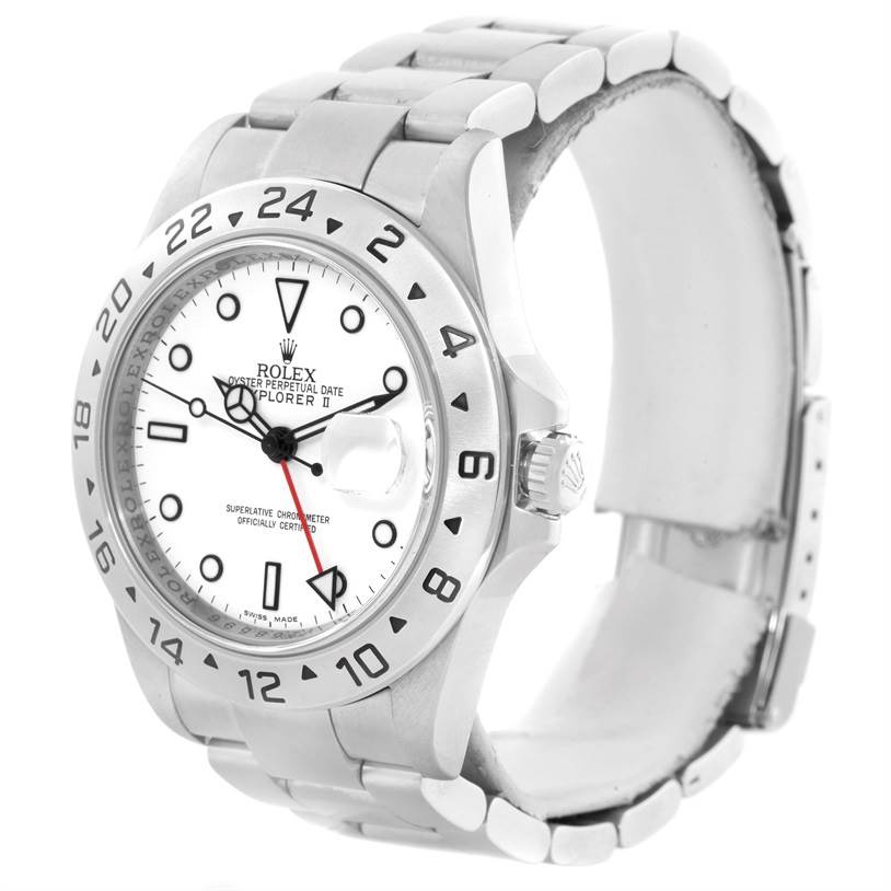 This image shows a Rolex Explorer 16570 Men's Stainless Steel White Dial 16570 Men's Stainless Steel White Dial model watch from a front angle, highlighting the face, bezel, and part of the bracelet.