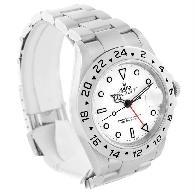 The Rolex Explorer 16570 Men's Stainless Steel White Dial 16570 Men's Stainless Steel White Dial watch is shown at an oblique angle, highlighting its white dial, bezel, bracelet, and crown.