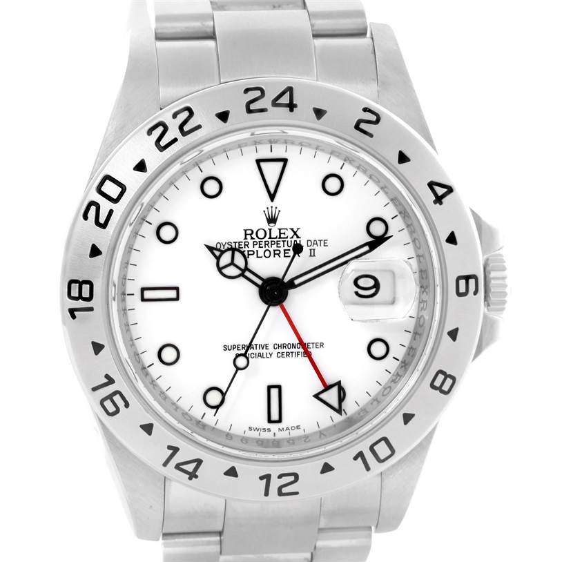 The image shows a front view of the Rolex Explorer 16570 Men's Stainless Steel White Dial 16570 Men's Stainless Steel White Dial watch, displaying the face, bezel, and part of the bracelet.