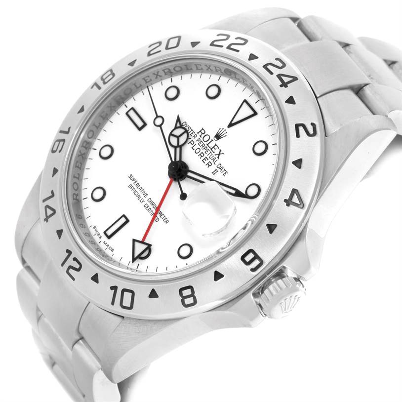 The image shows the Rolex Explorer 16570 Men's Stainless Steel White Dial 16570 Men's Stainless Steel White Dial watch at an angled view, highlighting the bezel, dial, hands, crown, and part of the bracelet.