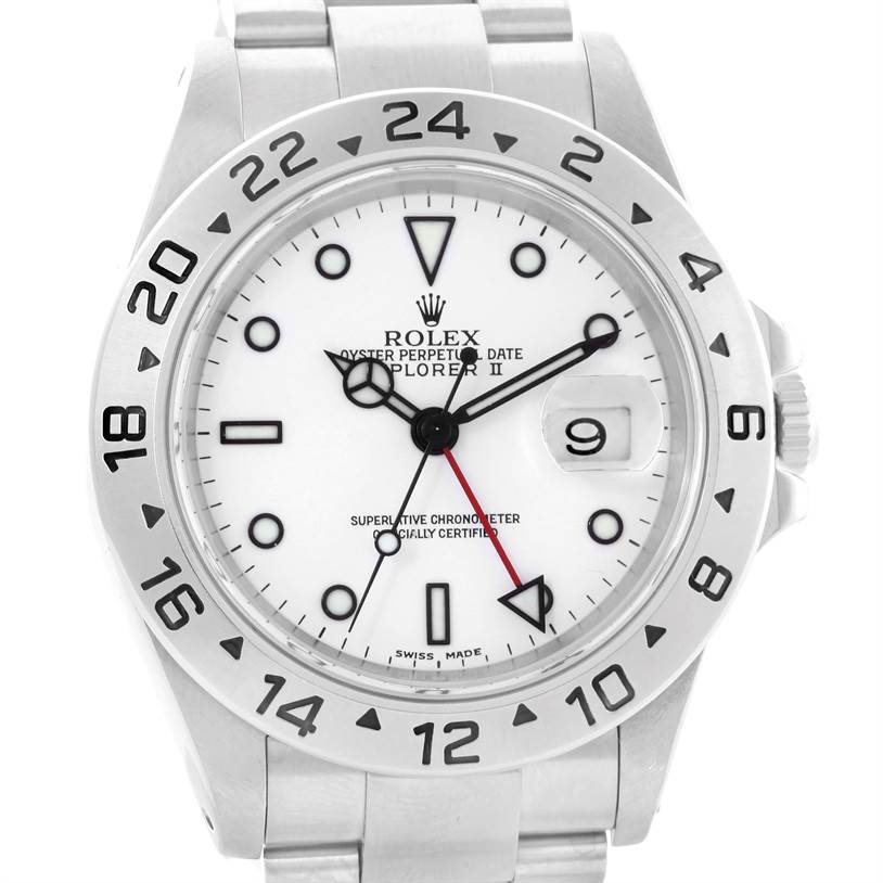 The image shows a front view of a Rolex Explorer 16570 Men's Stainless Steel White Dial 16570 Men's Stainless Steel White Dial watch featuring a white dial, date window, and 24-hour bezel.