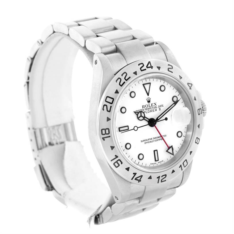 The image shows a Rolex Explorer 16570 Men's Stainless Steel White Dial 16570 Men's Stainless Steel White Dial watch, showcasing the white dial, bezel, case, and partial bracelet from an angled side view.