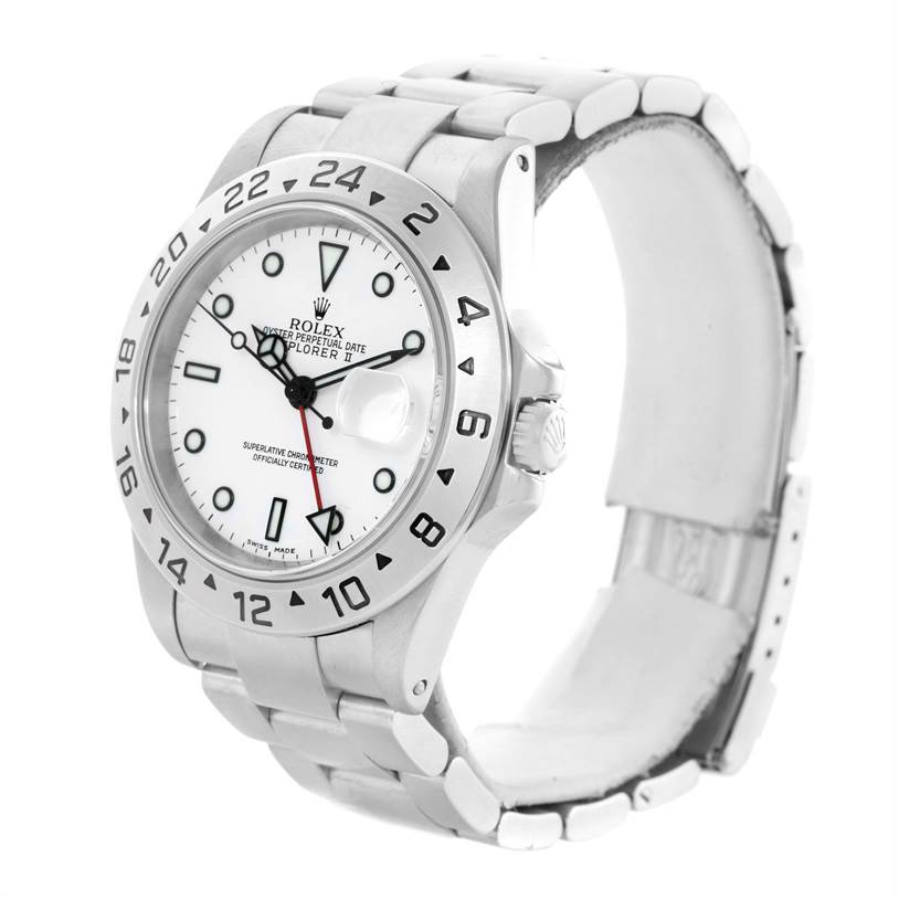 The Rolex Explorer 16570 Men's Stainless Steel White Dial 16570 Men's Stainless Steel White Dial watch is shown at a side-angle, featuring its white dial, bezel, and metal bracelet.