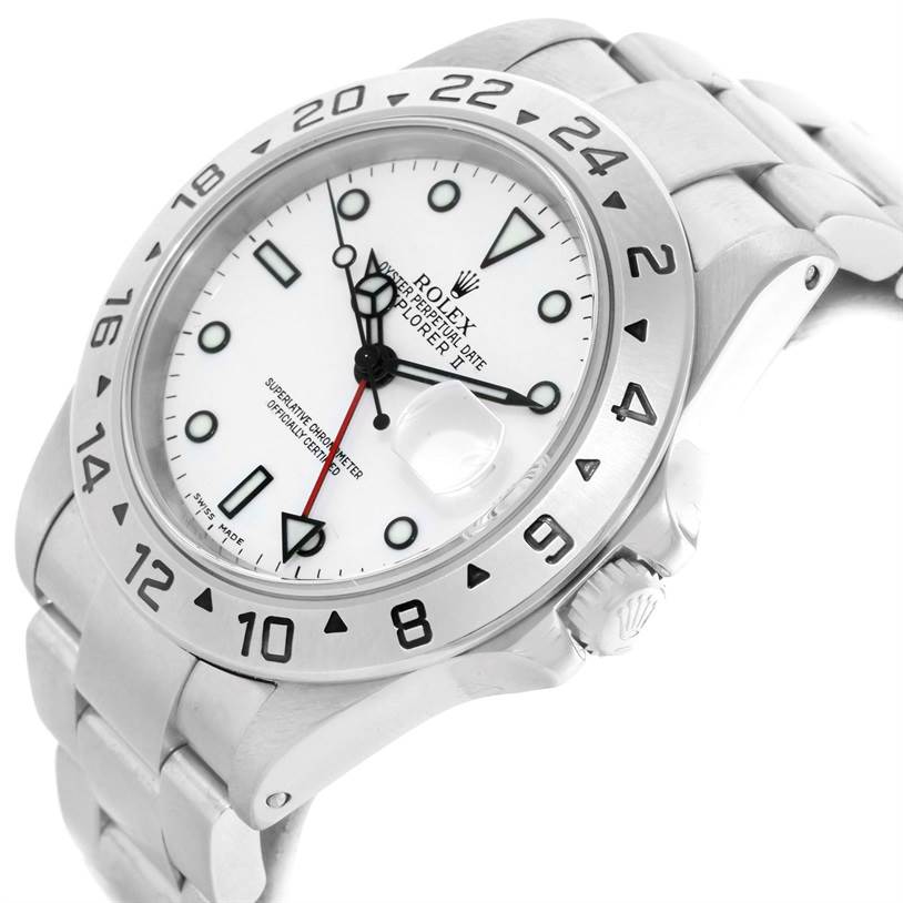 The image shows a close-up angle of a Rolex Explorer 16570 Men's Stainless Steel White Dial 16570 Men's Stainless Steel White Dial watch, highlighting the bezel, dial, crown, and part of the bracelet.