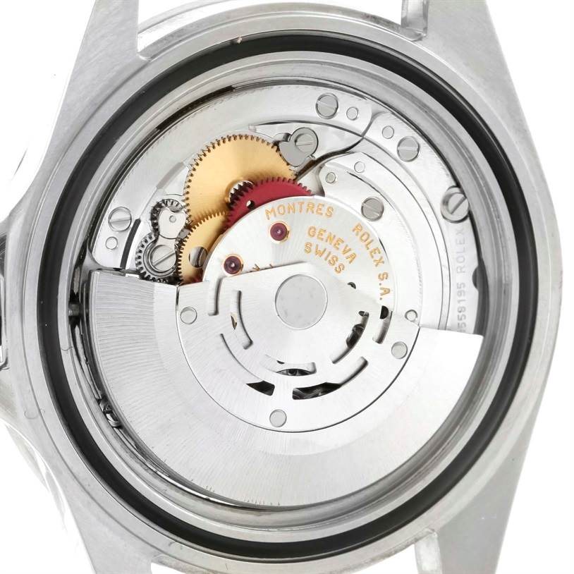 The image shows the internal movement mechanism of a Rolex Explorer 16570 Men's Stainless Steel White Dial 16570 Men's Stainless Steel White Dial watch from the back.