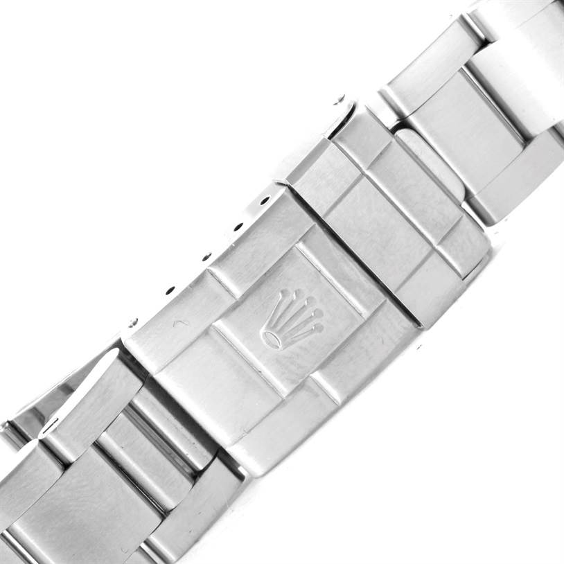 This image shows the clasp part of the Rolex Explorer 16570 Men's Stainless Steel White Dial 16570 Men's Stainless Steel White Dial watch bracelet, featuring the Rolex logo.