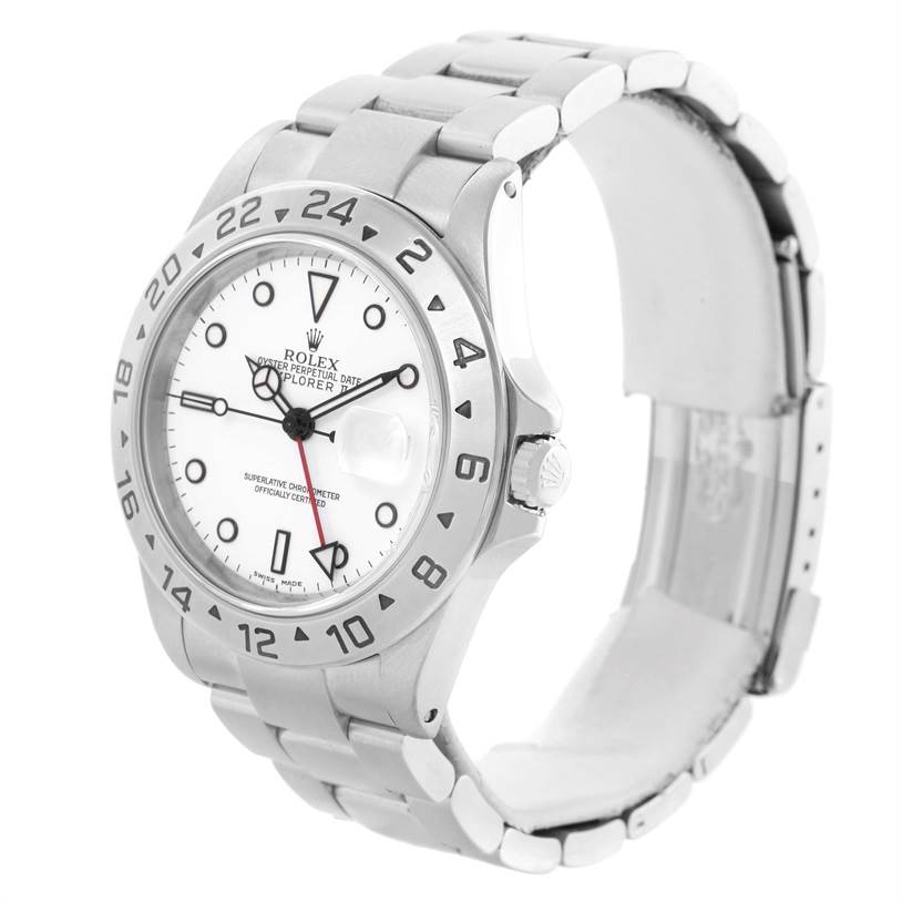 The image shows a Rolex Explorer 16570 Men's Stainless Steel White Dial 16570 Men's Stainless Steel White Dial watch at an angle displaying the face, bezel, and metal bracelet band.