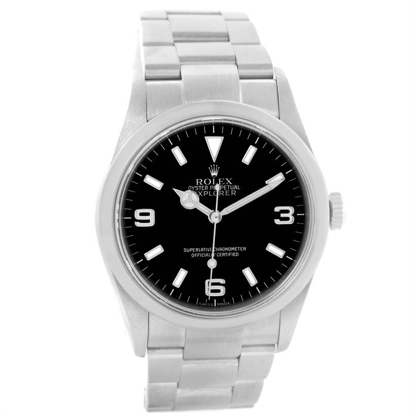This image shows a front view of the Rolex Explorer 114270 Men's Stainless Steel Black Dial 114270 Men's Stainless Steel Black Dial watch, featuring the dial, bezel, case, and part of the bracelet.