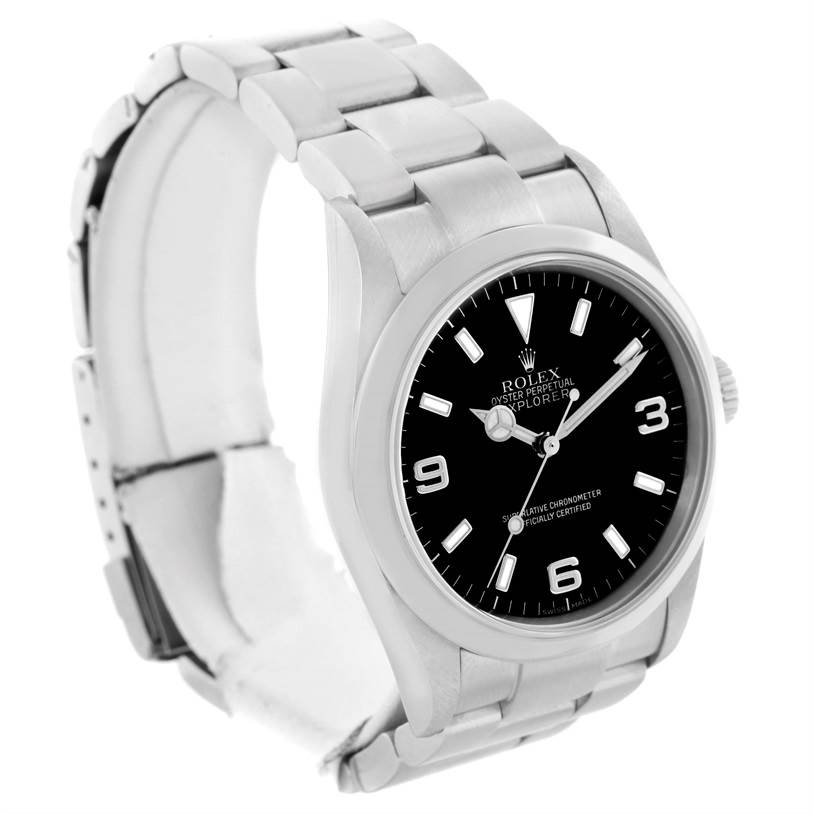 The image shows a Rolex Explorer 114270 Men's Stainless Steel Black Dial 114270 Men's Stainless Steel Black Dial watch model at an angled front view, displaying its face and bracelet.