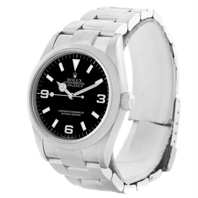 This image shows a Rolex Explorer 114270 Men's Stainless Steel Black Dial 114270 Men's Stainless Steel Black Dial watch at a three-quarter angle, highlighting the dial, bezel, crown, and bracelet.